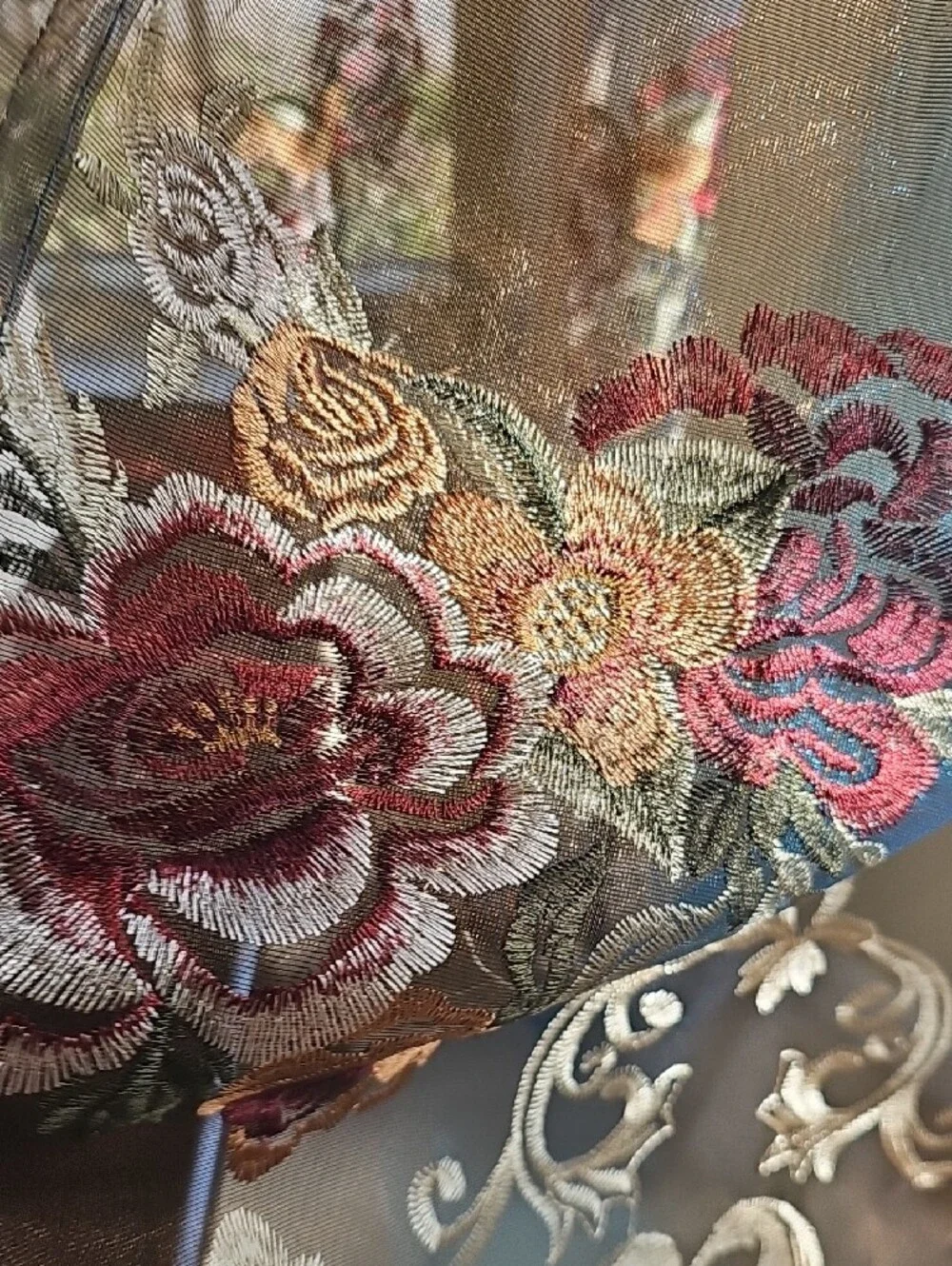Elegant Sheer Embroidered Window Curtains - Iridescent w/Floral Accents 52 X84